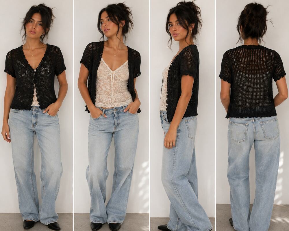 Vintage Open Knit Short Sleeve Cardigan Sweater Black Crochet Boho Cottagecore
